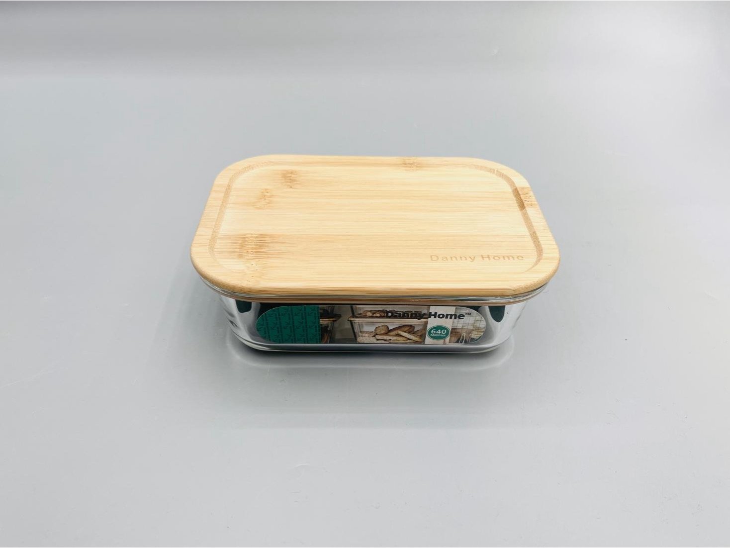 Boite de conservation rectangulaire en verre borosilicaté avec couvercle en bambou