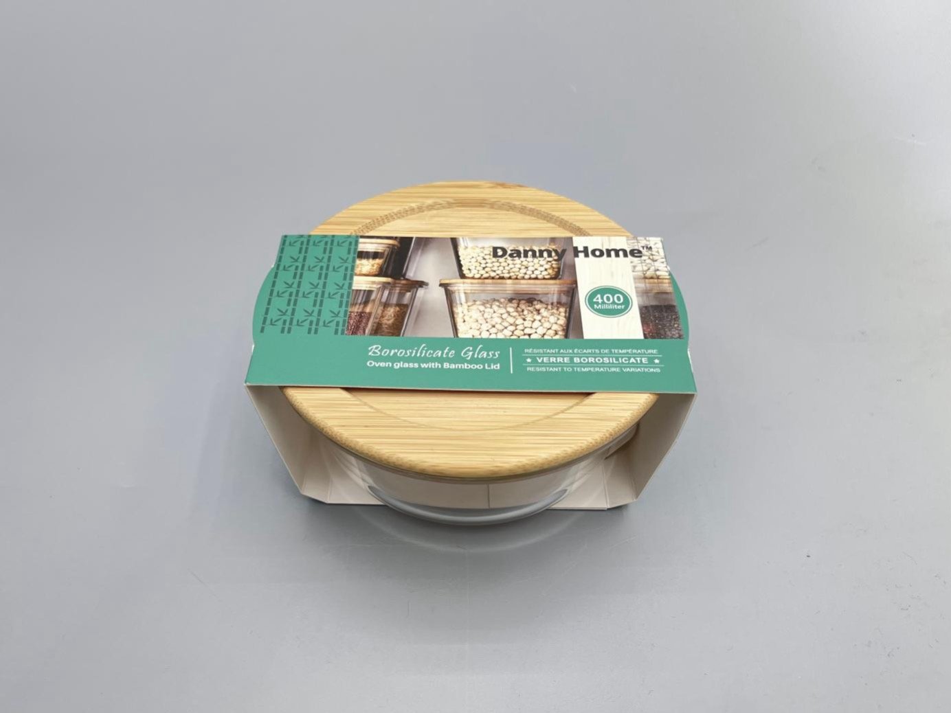 Boite de conservation ronde en verre borolisicaté avec couvercle en bambou